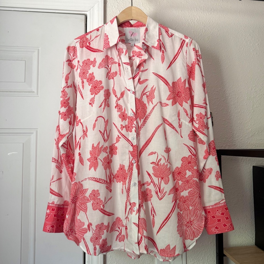 BELLA TU white red floral cotton long sleeve button up shirt blouse top